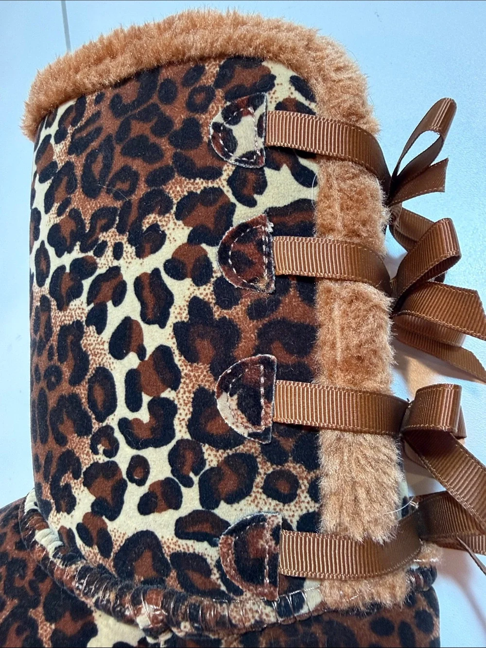 Link Girls Leopard Print Faux Fur Bow Boots Size 3 Y2K